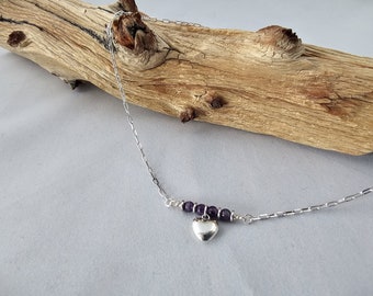 Amethyst and Silver Bar Necklace with a tiny silver toned heart, 17" length, a Sweet and Simple for that Valentines Day Gift
