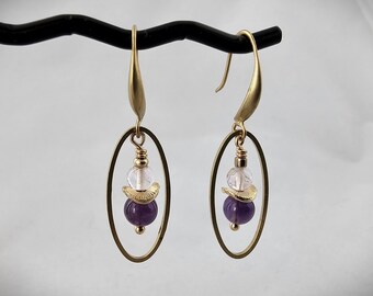 Two layered Dangle Earrings of a Gold Toned Oval and Little Dangle of Gold Plated Potato Chip Bead with Little Amethyst Beads