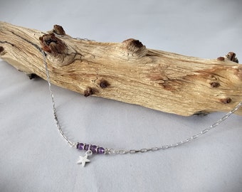 Amethyst & Silver Bar Necklace with a tiny silver toned star charm, 17" length, a Sweet and Simple Gift for that Special February Birthday