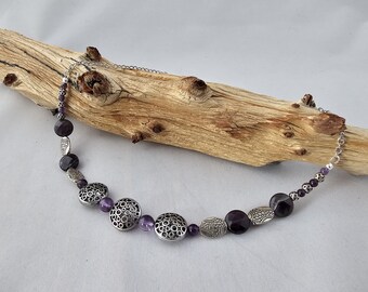 Amethyst and Silver Necklace with Puffy Pops with round and faceted coins, textured silver beads, 17" length and February Birthstones.