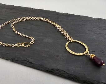 Teardrop Amethyst Pendant - Amethyst Teardrop Gold Pendant – Teardrop Amethyst and Gold Circle – Teardrop Amethyst and Gold Circle Necklace