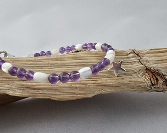 Amethyst & Mother of Pearl Bracelet with a Tiny Silver Toned Star Charm, 17" length, a Sweet, Simple Gift for that Special February Birthday
