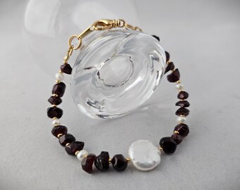 Garnet, the January Birthstone, paired with a White Pearl Coin and Tiny Freshwater Pearls and Gold Accents will thrill your New Year Loves
