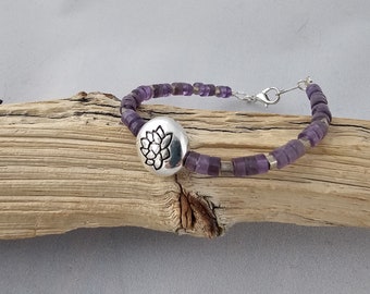 Amethyst Heishi & Silver Lotus Coin Bracelet with Cube Shaped Silver Plated Spacer, 7" length, a Great February Birthstone Gift