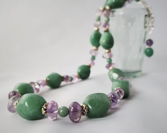Amethyst and Aventurine w Silver, Chunky Amethyst and Aventurine, Green Aventurine and Amethyst Necklace, Adjustable Amethyst & Aventurine
