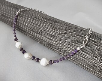 Amethyst and Silver Necklace with Fresh Water Pearl Accents on a Simple Silver Paperclip Chain, February Birthstone