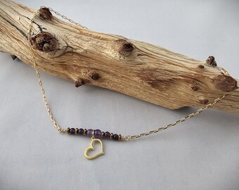 Amethyst and Gold Plated Bar Necklace with a Gold Plated Heart, 17" length, a Sweet and Simple for that Valentines Day Gift