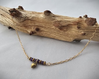 Amethyst and Gold Bar Necklace with a tiny brass heart, 17" length, a Sweet and Simple for that Valentines Day or Birthstone Gift