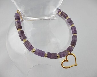 Amethyst Heishi, Gold Plated Heart Charm and Gold-toned Cube Spacers 7" Bracelet, for February Birthstone Gifting