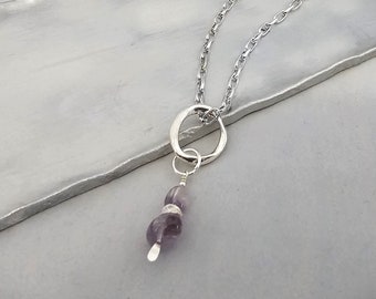 Light Amethyst Nugget and Silver Ring Pendant Necklace.  A 2" long pendant on an 18" chain, for that February Birthday Birthstone Gift