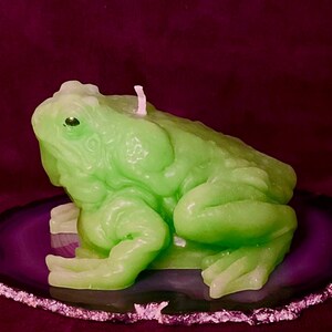 May include: A light green frog-shaped candle with a wick, on a purple and silver geode slice. The candle has detailed features and is set against a dark purple background. The candle is a decorative item.