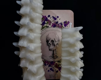 May include: Two ivory spine-shaped candles are positioned in front of a card featuring a skull illustration and purple flowers. The candles have a textured, segmented design. The card has text that reads "suit, coins fig, knight".