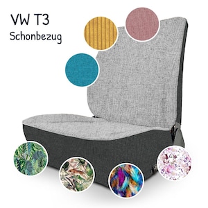 Op de afbeelding: VW T3 Schonbezug autostoelhoes in grijs met verschillende stoffen opties, waaronder een tropisch bladpatroon, een kleurrijk verenpatroon, een bloemenpatroon en een gestreept patroon.