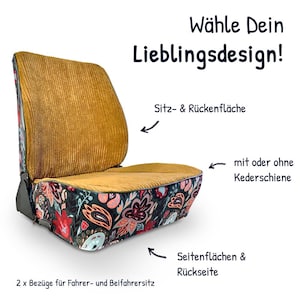 Op de afbeelding: Twee autostoelhoezen met een bloemenpatroon. De stoelhoezen zijn gemaakt van corduroy stof en hebben een contrasterend bloemenpatroon aan de onderkant. De tekst "Wähle Dein Lieblingsdesign!" is zichtbaar in de afbeelding. De tekst "Sitz- & Rückenfläche" is zichtbaar in de afbeelding. De tekst "mit oder ohne Kederschiene" is zichtbaar in de afbeelding. De tekst "Seitenflächen & Rückseite" is zichtbaar in de afbeelding. De tekst "2 x Bezüge für Fahrer- und Beifahrersitz" is zichtbaar in de afbeelding.