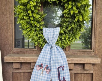 Custom Embroidered Wreath Sash, Patriotic Door Decor, Memorial Day 4th July Bow Alternative