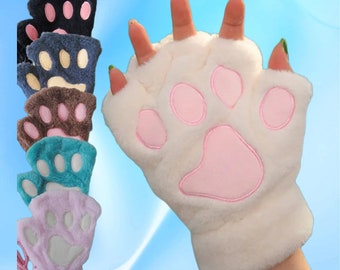 Cute Cat Claw Paw Gloves Women Plush Mittens Warm Soft Plush Short Fingerless Fluffy Bear Cat Gloves Half Finger, hobo mitten. Toe beans