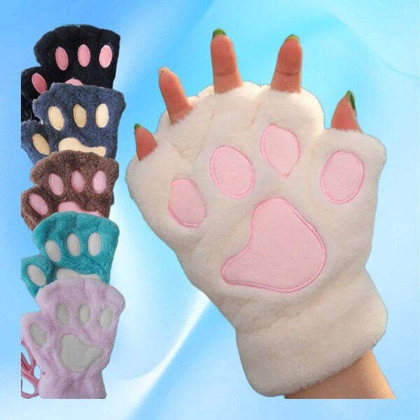 Cute Cat Claw Paw Gloves Women Plush Mittens Warm Soft Plush Short Fingerless Fluffy Bear Cat Gloves Half Finger, hobo mitten. Toe beans