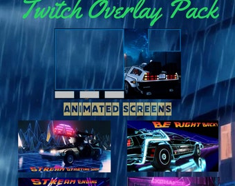 Twitch Streaming Overlay Pack "Delorean" - Commencer bientôt, être de retour, fin de diffusion, diffusion hors ligne