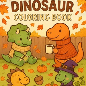 May include: A colorful illustration for a "Fall & Halloween Dinosaur Coloring Book". The image features cartoon dinosaurs in autumn settings, including pumpkins, leaves, and a dinosaur wearing a witch hat. The dinosaurs are in shades of green, orange, and yellow.