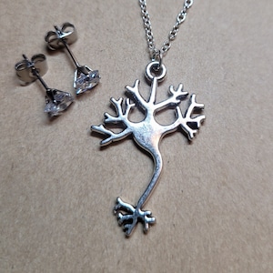 Neuron Necklace Personalized w/Initial & Bonus CZ Earrings - STEM Earrings, Biology Earrings, Neuroscience Earrings, Science Teacher Gift