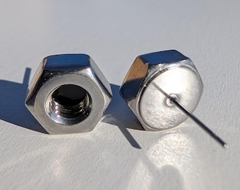 Hex Nut Stud Earrings – Mechanical Engineer Gift – Industrial Hardware Jewelry – Maker Nerd Accessory