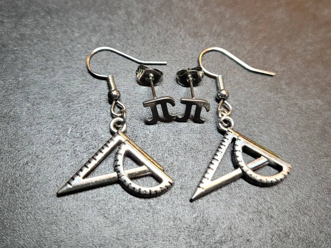 Math Earrings Protractor Earrings W/ Hypoallergenic Option & Bonus Pi