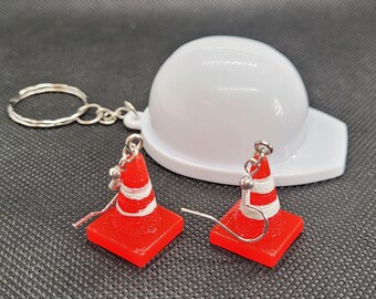 Traffic Cone Earrings w/Bonus Hard Hat Keychain - STEM Earrings-STEM Jewelry-Technology Earrings-Engineering Earrings-Civil Engineer Jewelry