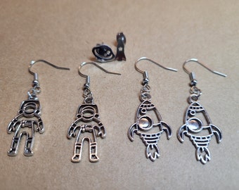 Outer Space Earrings w/Hypoallergenic Hooks & Bonus Asymmetric Studs -Space Earrings-Space Jewelry-Spaceman Earrings-Rocket Earring