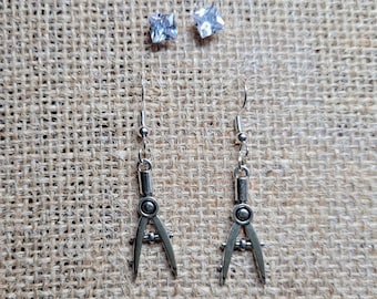Compass Earrings and Bonus cubic zircon Studs | Hypoallergenic, Clasp, & Clip on Earring options | Math Earrings | Math Teacher Gift