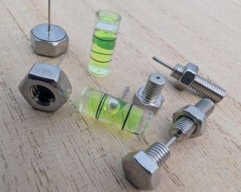 Engineering Stud Earrings Set | Hex Nut, Bubble Level & Bolt Earrings | STEM Gift | Hypoallergenic Handmade Studs