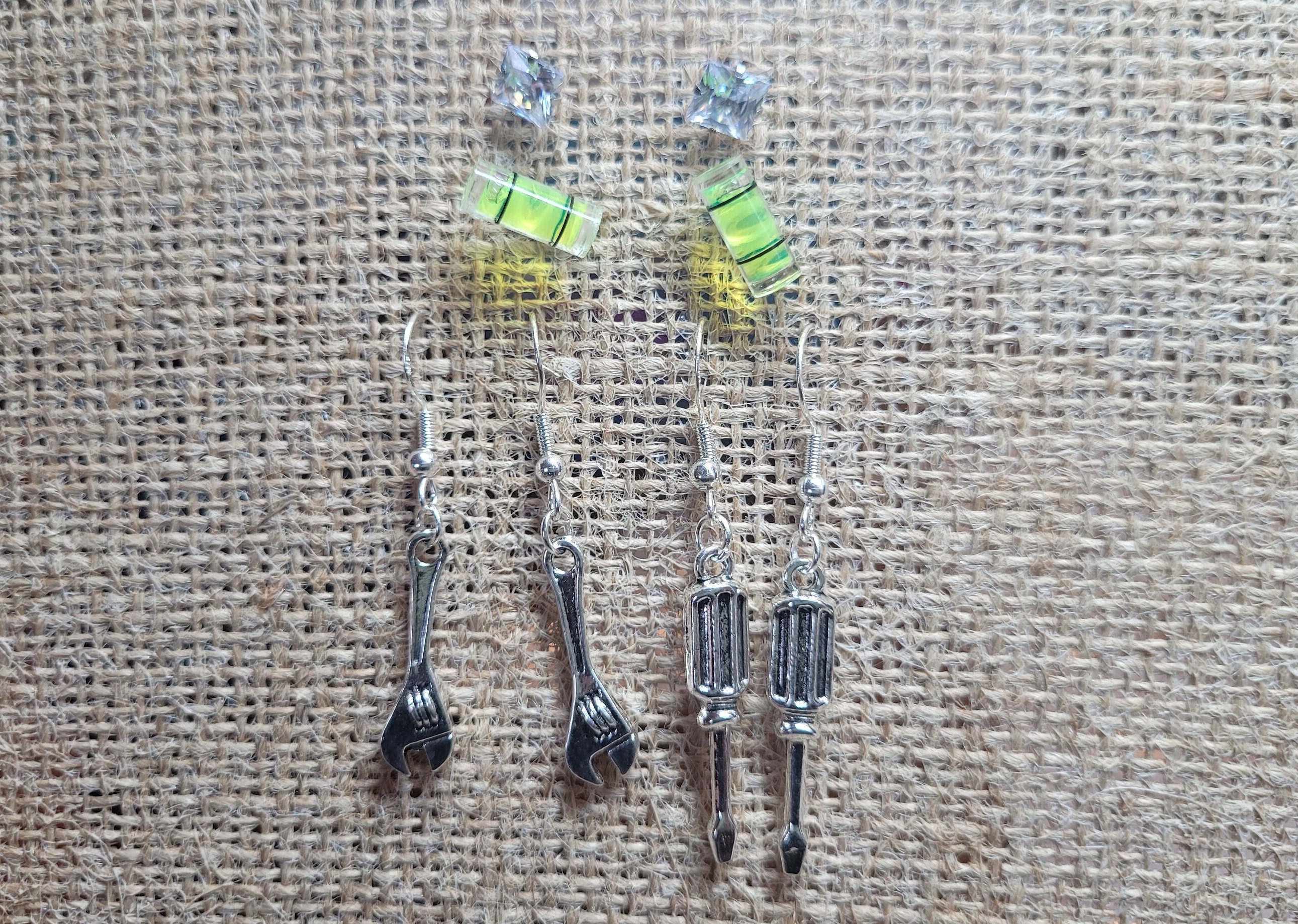 Tool Earrings Set w/Hypoallergenic Option & Bonus CZ Studs - Wrench Earrings-Screwdriver Earrings-Level Earrings-Technology Earrings