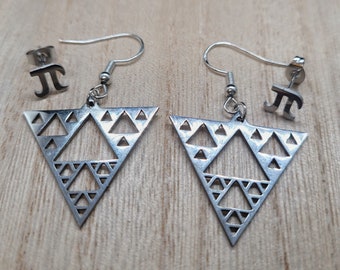 Sierpiński Triangle Earrings: Fractal Geometry Dangle Earrings with Bonus Pi Studs