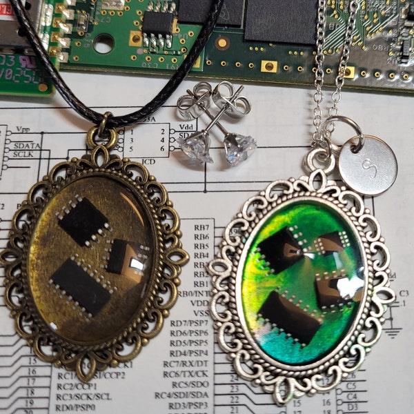 Microchip Necklace Personalized w/Initial & Bonus CZ Studs - Electronics Parts Jewelry-Electrical Engineering Jewelry-STEM Jewelry-STEM Gift