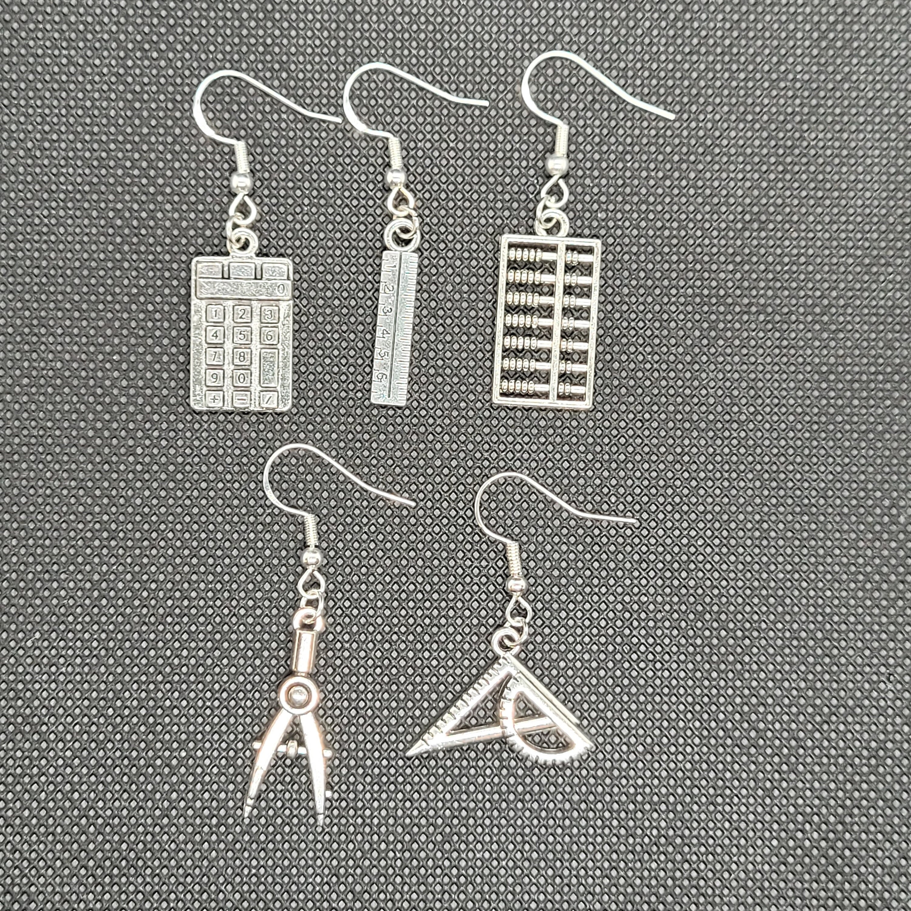 Math Earrings: Calculator, Abacus, Compass Charms with Bonus CZ Studs