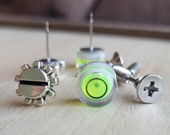 Handmade Industrial Earrings Set – Gear and Spirit Level Earrings, with Bonus Screw Earrings | Steampunk Earrings | Engineering Gift