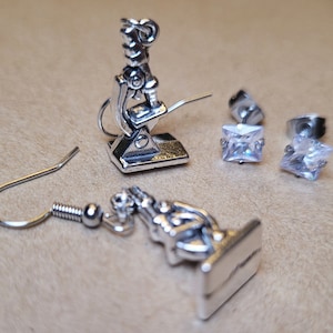 Microscope Earrings w/ Hypoallergenic Option & Bonus CZ Studs - Science Earrings-Biology Earrings-Laboratory-Teacher Gift-Graduation Gift