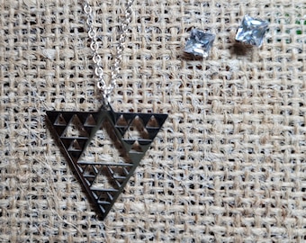Geometry Necklace & Bonus CZ Studs - Fractal Necklace-Sierpiński Triangle Necklace-Math Necklace-Math Jewelry