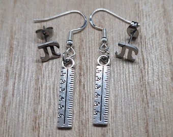 Ruler Earrings and Bonus Pi Studs - Hypoallergenic, Clasp, & Clip on Earring options-Math Earrings-Math Teacher Gift-Math Gift