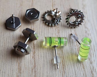 Industrial-Inspired Trio: Spirit Level, Gear, & Nut on Bolt Stud Earrings | Handmade, Unique Gifts for Makers and DIY Enthusiasts