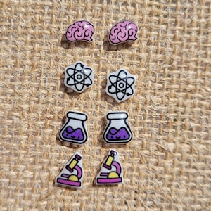 Science Stud Earring Set: Atom, Brain, Flask, Microscope