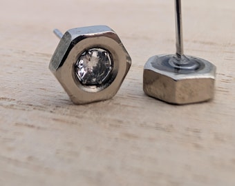Hex Nut Stud Earrings – Upcycled Stainless Steel Hypoallergenic Posts, Black Resin or CZ, Geek Jewelry
