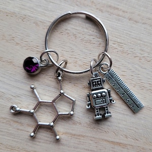 May include: Silver keychain with a purple gem, a robot charm, a caffeine molecule charm, and a ruler charm with the numbers 1-9.