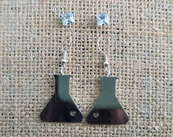 Science Flask Earrings w/Hypoallergenic Hooks & Bonus CZ Studs - Erlenmeyer Flask Earrings-Chemistry Earrings-Laboratory Earrings
