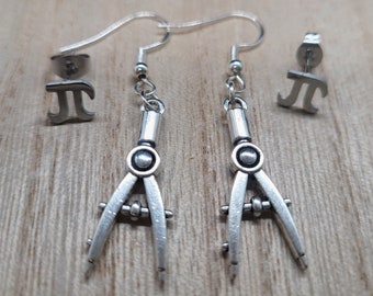 Compass Earrings and Bonus Pi Studs-Hypoallergenic, Clasp, & Clip on Earring options -Math Earrings-Math Jewelry-Math Teacher Gift