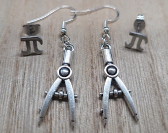 Math Earrings - Compass Earrings w/ Hypoallergenic Option & Bonus Pi Studs - Math Earrings-Math Jewelry-Math Teacher Gift-Math Gift