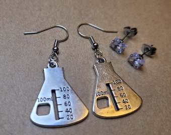 Erlenmeyer Flask Earrings: Science Chemistry Jewelry w/CZ Studs