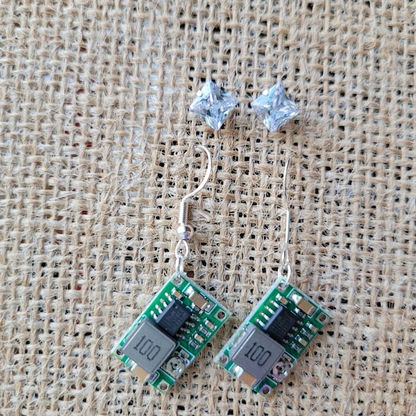 Circuitboard Earrings w/Hypoallergenic Hooks & Bonus CZ Studs - Electronics Jewelry-Electrical Engineering Jewelry-Circuitboard Jewelry