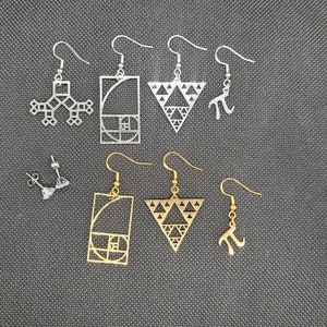May include: A set of silver and gold earrings featuring geometric shapes, including a fractal, a Sierpinski triangle, and the mathematical symbol for pi.