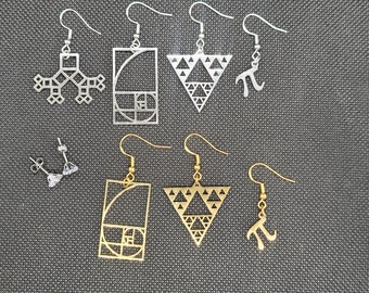Math Dangle Earrings: Sierpinski, Golden Spiral, Pi - Bonus CZ Studs