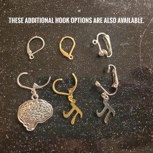 Op de afbeelding: Een selectie van oorhaakopties, waaronder een brein, een pi-symbool en een eenvoudige haak. De haken zijn zilver en goud van kleur. "Deze extra haakopties zijn ook beschikbaar." staat bovenaan de afbeelding.